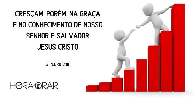 Um gráfico em crescimento e o desenho de um homem ajuda outro a subir. 2 Pedro 3:18