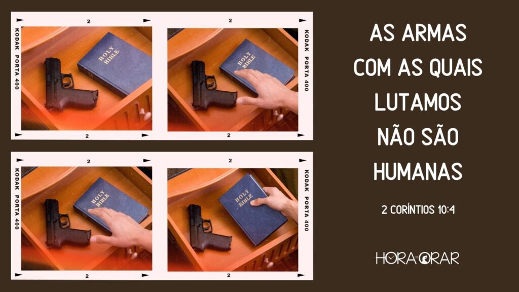 Uma gaveta com uma arma e uma Bíblia. O homem escolhe a Bíblia. 2 Coríntios 10:4