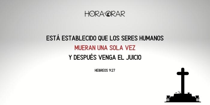 Fondo de imagen gris en gradiente con el versículo de Hebreos 9:27 y el diseño en sombra de una tumba.