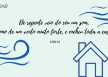 Desenho de uma casa com ventos sobre ela e o versículo de Atos 2:2.