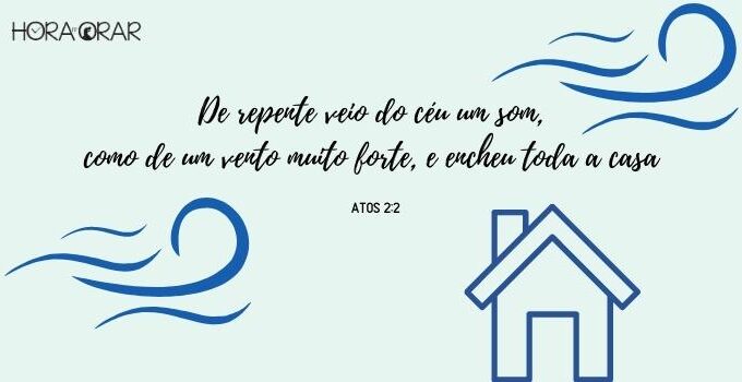 Desenho de uma casa com ventos sobre ela e o versículo de Atos 2:2.