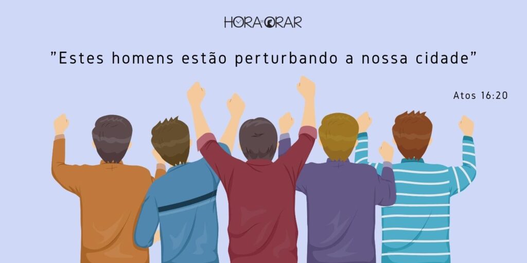 Desenho de homens com as mãos levantadas em alboroto