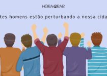 Desenho de homens com as mãos levantadas em alboroto