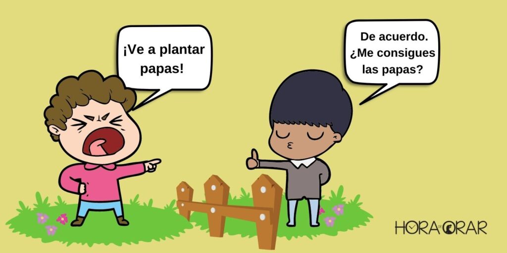 Dibujo de un hombre diciendo a su vecino que va plantar papas