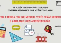 Versículo de Marcos 4:24 cercado de desenhos de medidores como trenas, réguas, metros, copos e balanças