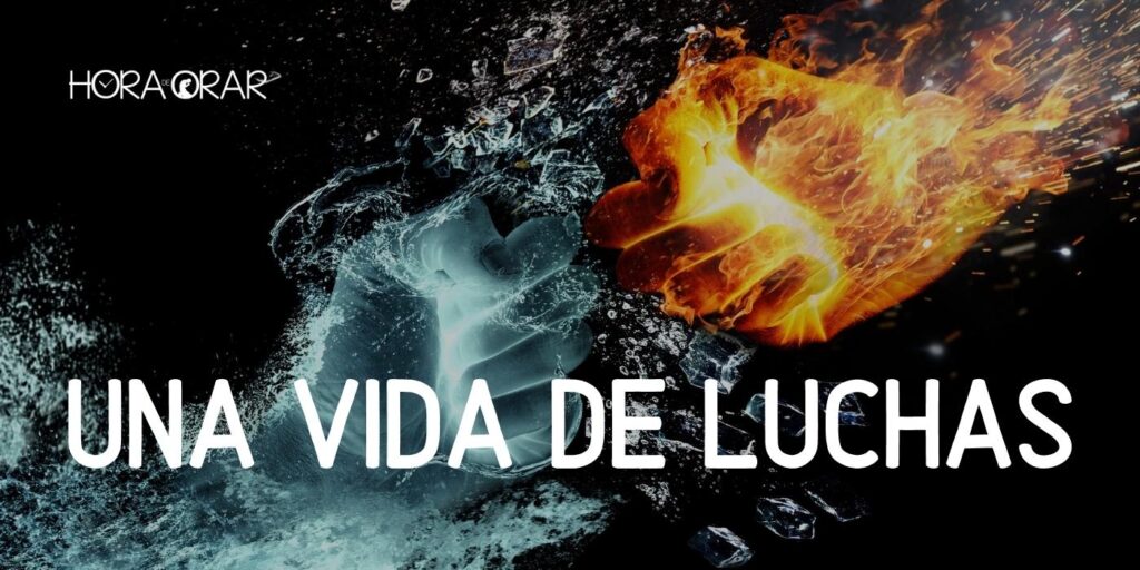 Imagen de lucha entre una mano de fuego y otra de água y la frase: Una vida de luchas.