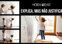 Duas crianças pintam a parede da sua casa. Acima a frase: Explica, mas não justifica.