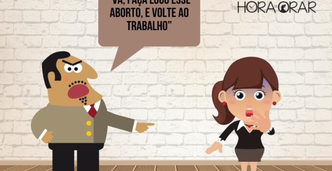 Desenho de um chefe dando uma ordem a uma funcionária para que faça um aborto